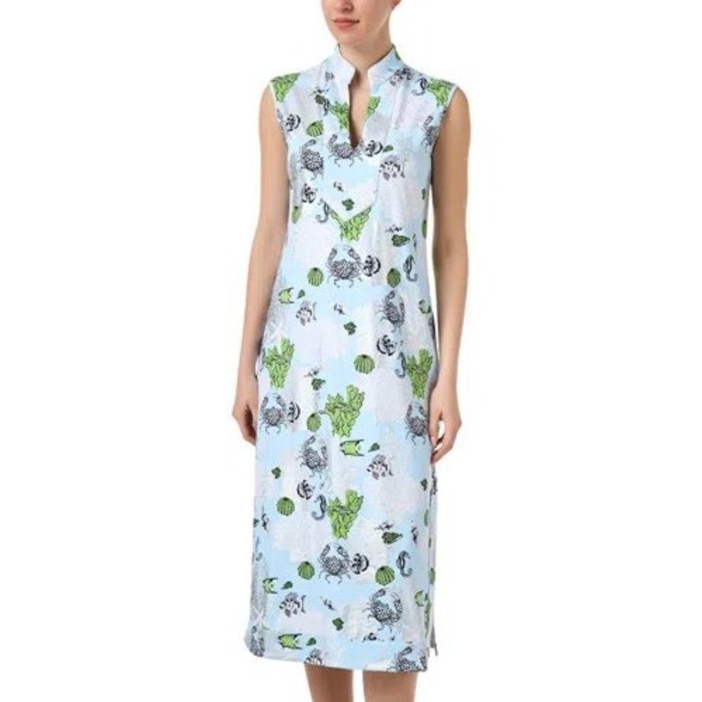 Jude Connally Sea Life‎ Coastal Print Sleeveless Midi Dress Blue Green NEW